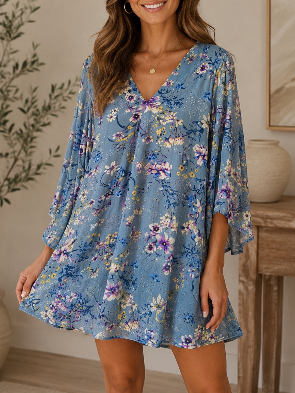 Lavender Brown Floral Long-Sleeve Mini Dress Size M Blue Eyelet Whimsical Flowy